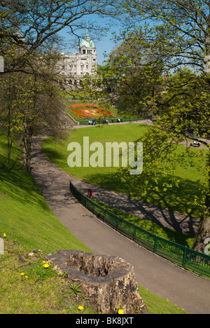 Union Terrace Gardens in Springtime with His Majesty's Theatre in Background, Aberdeen, Scotland Stock Photo