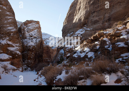 Natural gorges like Capitol Gorge dot the landscape of southern Utah's Capitol Reef National Park. Stock Photo