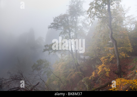 Rock massive of Bastei in National Park Sächsische Schweiz, Germany, on a misty morning in autumn Stock Photo