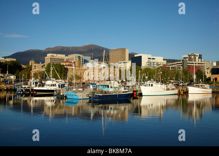 Mt Wellington, Tasmanian Museum, Hobart CBD, and Fishing Boats, Reflected in Victoria Dock, Hobart, Tasmania, Australia Stock Photo