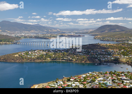 Montague Bay, River Derwent, and Tasman Bridge, Hobart, Tasmania, Australia - aerial Stock Photo