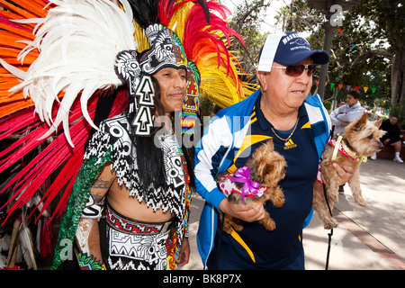 Aztec Dancer, The Blessing of the Animals, Olvera Street, Downtown Los Angeles, California, United States of America Stock Photo