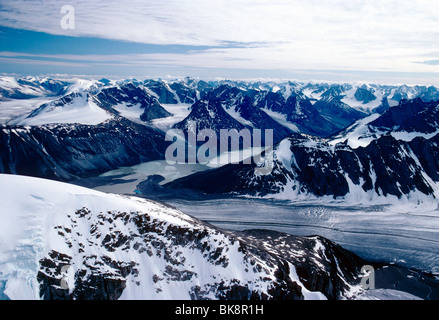 Aerial view of Mt. Alvit and the Turner Glacier, Auyuittuq National Park, Baffin Island, Nunavut, Canada Stock Photo