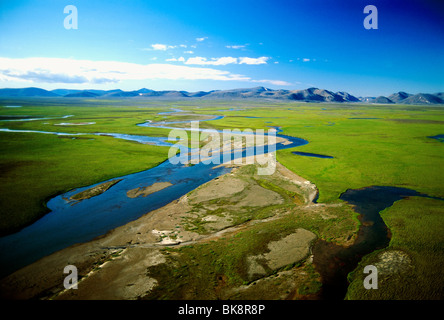 Aerial view of the arctic tundra and a river between Provideniya and Egvekinot, former Soviet Union (USSR), Magadon Region Stock Photo