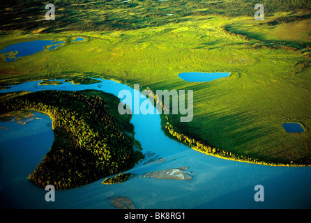 Aerial view of the Yentna River and surrounding tundra, Matanuska Region, Alaska, USA Stock Photo