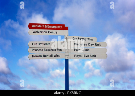 Directions sign outside Kingston Upon Thames Hospital with sky background. Stock Photo