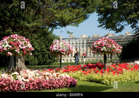 Bath, Royal Crescent with Flowerbeds Stock Photo