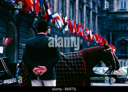 Carriage driver & horse waiting for customers under multi national flags hanging in a row on a building facade, Vienna, Austria Stock Photo