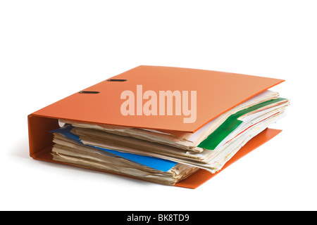 Papers in Old Folder on White Background Stock Photo