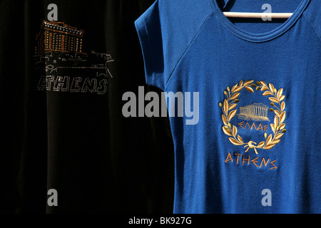 Parthenon t-shirts in a souvenir shop in Plaka quarter in Athens, Greece. Stock Photo