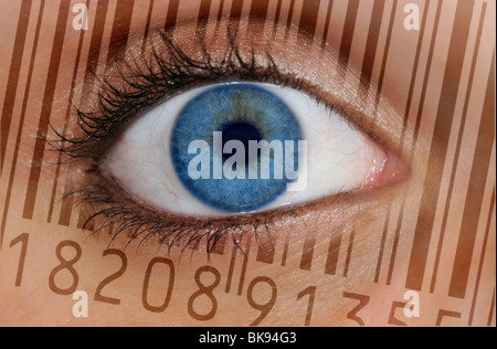 Close-up of an eye with the EAN barcode, European Article Number, on the iris, symbolic picture for transparent client Stock Photo