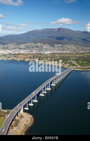 Tasman Bridge, River Derwent, and Mt Wellington, Hobart, Tasmania, Australia - aerial Stock Photo