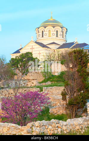 Evening St Vladimir's Cathedral church (Chersonesos- ancient town, Sevastopol, Crimea, Ukraine) Stock Photo