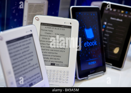 elonex ebook readers on display at the London Book Fair April 19, 2010 Stock Photo
