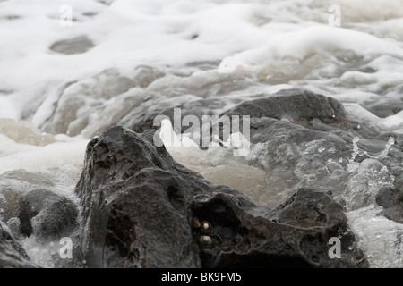 Atlantic breakers on the beach at Porthcawl running alongside the Esplanade. Waves on the rocks Stock Photo