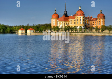 Baroque Moritzburg Castle, with Bachturm tower, castle chapel, Jaegerturm tower, Amtsturm tower, Dresden, Free State of Saxony, Stock Photo