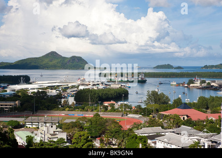 View from Bel Air towards the capital city of Victoria and the international harbour, at back the islands St. Anne, Ile au Cerf Stock Photo