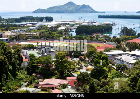 View from Bel Air towards the capital city of Victoria and the stadium, at back the islands St. Anne, Ile au Cerf, Ile Moyenne, Stock Photo