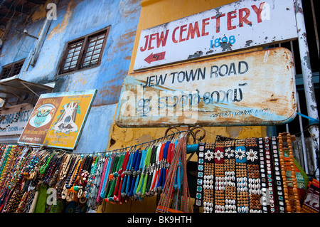 Souvenirs and signs in the old Jewish area, Fort Cochin, Kerala, India Stock Photo