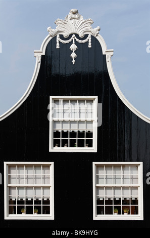 Dutch wooden house from 17th century, carved gable decoration, historic city De Rijp near Alkmaar, Province of North Holland, N Stock Photo