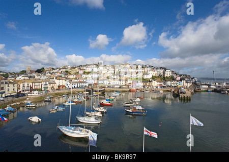 View over harbor with replica of the Golden Hind, Brixham, Torbay, Devon, England, United Kingdom Stock Photo