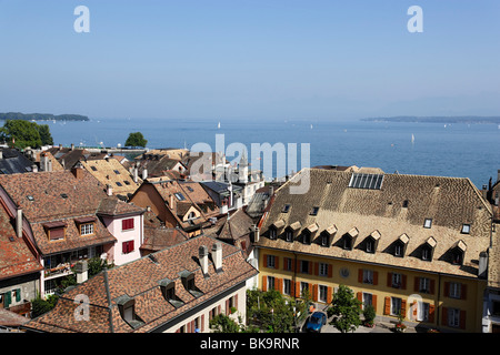 View over roofes of Nyon to lake Geneva, Nyon, Canton of Vaud, Switzerland Stock Photo
