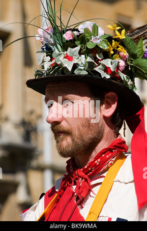 Morris dancer in costume at the Oxford Folk Festival. Stock Photo