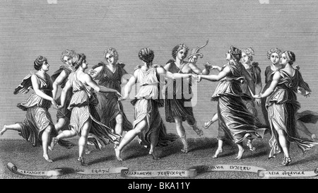 muses, goddesses of literature and arts, scene, with Apollo, steel engraving by A.H.Payne after drawing by Romano, 19th century, Artist's Copyright has not to be cleared Stock Photo