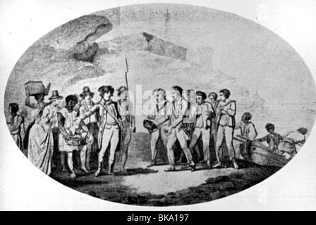 transport / transportation, navigation, Mutiny on the Bounty 1789, William Bligh and his crew is welcomed by the governor of Timor, 18.5.1789, drawing, South Seas expedition, Pacific, captain, journey to Timor 28.4.1789 - 18.5.1789, 18th century, historic, historical, people, Stock Photo