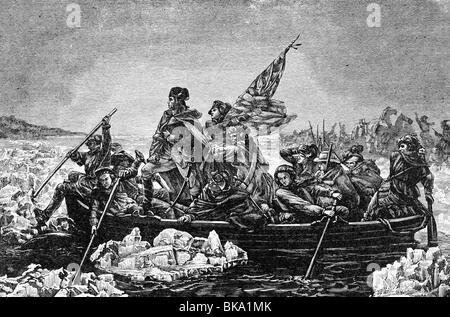 geography / travel, USA, War of Independence 1775 - 1783, Battle of Trenton, New Jersey, 26.12.1776, General George Washington crossing the Delaware, wood engraving after painting by Emanuel Leutze, 1851, American, river, ice, winter, boat, 18th century, historic, historical, male, man, men, people, Stock Photo