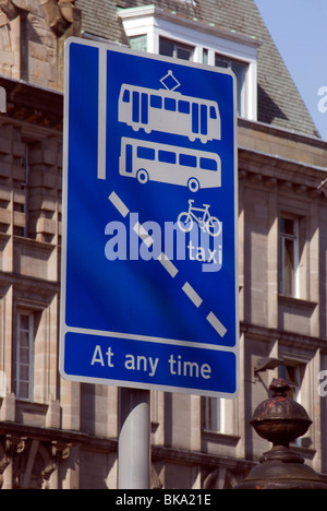 Sign banning all traffic except trams, busses and bicycles in Edinburgh, Scotland. Stock Photo