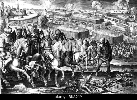 events, Ottoman Wars, Siege of Vienna 1529, retreat of the Ottoman army after several unsuccessful attempts to capture the city, copper engraving by A. Gollaert after drawing by Johannes Stradanus, 1589, Stock Photo