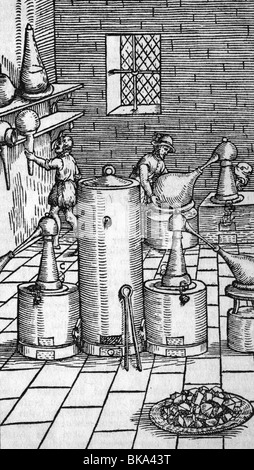 alchemy, laboratory, manufacturing of alloys with gold and silver, woodcut, 16th century, historic, historical, destillation oven, device, apparatus, apparatuses, processing, off-line processing, fabrication, production, manufacture, noble metal, noble metals, extraction, workshop, lab, laboratory, labs, laboratories, forensic science laboratory, people, Stock Photo