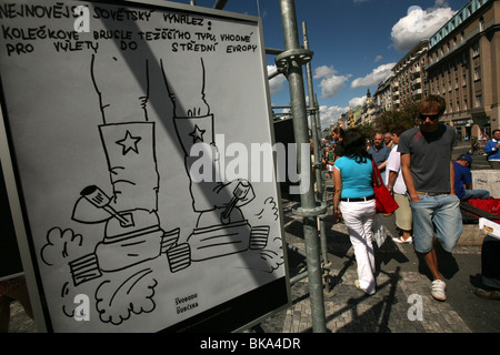 Open-air exhibition of political cartoon in Wenceslas Square in Prague, Czech Republic, on August 21, 2008. Stock Photo