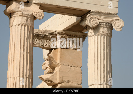 Ionic columns of the Erechtheum in the Acropolis of Athens in Greece. Stock Photo