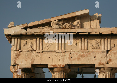 Detail of the East pediment of the Parthenon in the Acropolis of Athens in Greece. Stock Photo