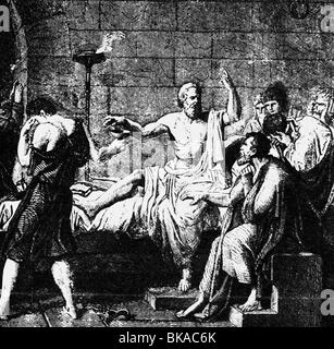 Socrates, 469 - 399 BC, Greek philosopher, death, taking the cup with conium, wood engraving, 19th century, , Stock Photo