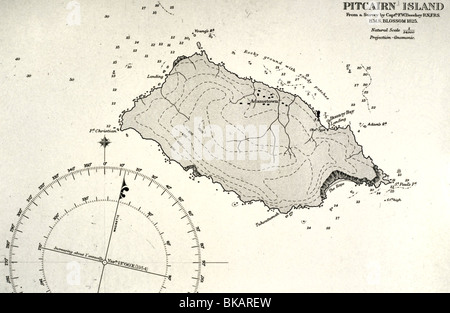 transport / transportation, navigation, Mutiny on the Bounty 1789, Pitcairn Island, the last hideaway of the mutineers, official sea chart, based in survey by F.W. Beechey, 1825, map, Pacific, British colony since 1835, Adamstown, Polynesia, historic, historical, 18th century, Stock Photo