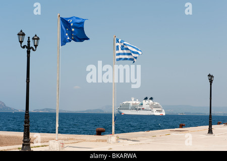 Cruise ship in the harbor from Pylos in Greece Stock Photo