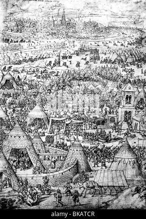 events, Ottoman Wars, Siege of Vienna 1529, bivouac of the Turkish army, drawing by Bartolomaeus Beham, 1529, Austria, wars, Ottoman Empire, Suleiman I the Magnificent, military, army, campaign, tents, soldiers, camp, 16th century, historic, historical, Bartolomaus, Bartolomäus, people, Stock Photo