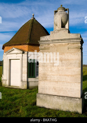 Lutyens Fairhaven Memorial kiosk and stone pier monument with a history of Runnymede inscribed upon it. Runnymede, Surrey. UK. Stock Photo