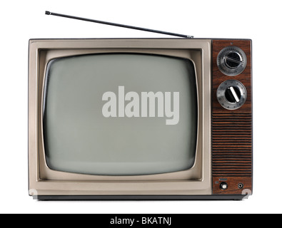 Vintage television with antenna isolated over white background - With clipping path Stock Photo