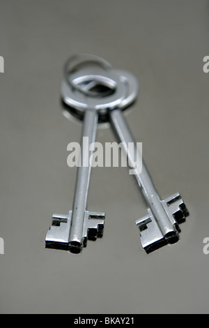 Silver pair of keys over mirror stainless steel real state concept Stock Photo