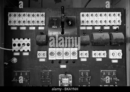 Backstage lighting control panel in the Theatre & Ballroom, Kolmanskop Ghost Town near Luderitz, Namibia Stock Photo