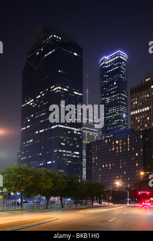 Blue night city lights and buildings in Houston downtown Texas Stock Photo