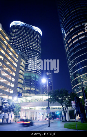 Blue night city lights and buildings in Houston downtown Texas Stock Photo