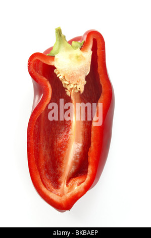 Half cut macro red pepper isolated over white background Stock Photo