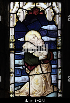 A stained glass window depicting Moses holding the tablets of stone, St Mary the Virgin Church, Tysoe, Warwickshire