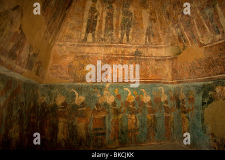 Painted walls of the Temple of the Murals in the Mayan city of Bonampak, Chiapas, Mexico, February 22, 2010. Stock Photo