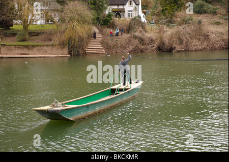 Symonds Yat Rope boat ferry crossing River Wye with passengers Stock Photo